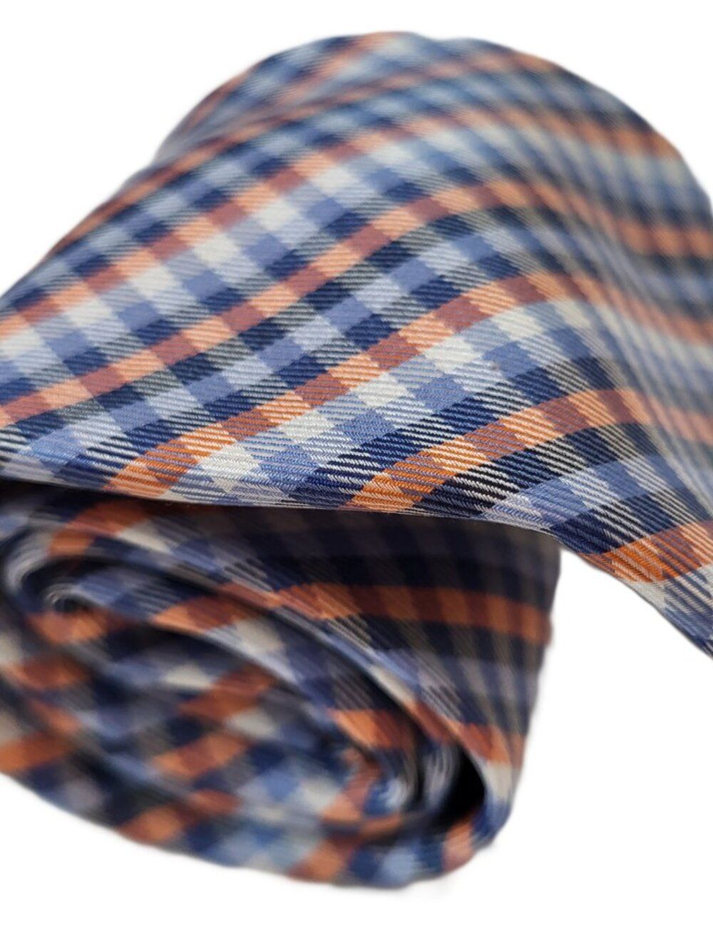 IZOD Mens Tie 100% Silk Blue White Orange Plaid Check Necktie
